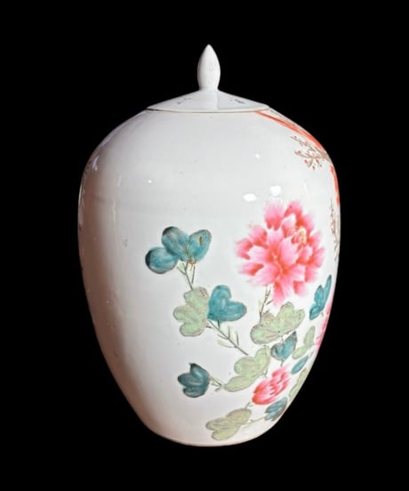 中国磁器 色絵 蓋付き壺 梅鳥草花文図 民国 花瓶 花入れ 鴛鴦 牡丹 花器 丸壺 ジャー 陶器 中国 古美術 骨董品 アンティーク