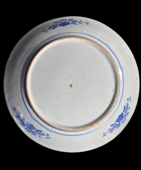 明治-大正 古伊万里 印判皿 染付 風景草花文図 イゲ皿 丸皿 平皿 飾皿 時代物 骨董品 アンティーク