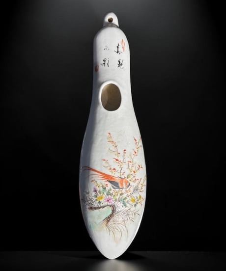 時代物 中国陶器 一輪挿し 鶯 壁掛け 中国雑貨 鳥 花瓶 フラワーベース 色絵 陶磁器 骨董品 アンティーク