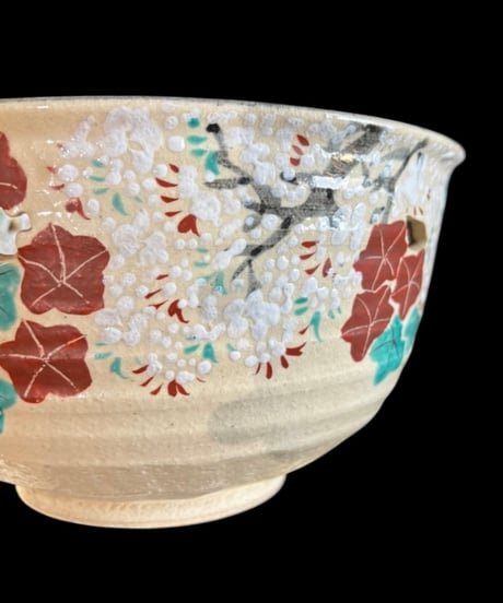 清水焼 雲錦 透かし大鉢 桜 紅葉 菓子鉢 色絵 金彩 もみじ 大鉢 飾皿 和食器 陶磁器 骨董品 アンティーク