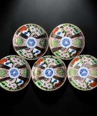 【5客セット】 明治期 古伊万里 金彩 色絵 松竹梅 小皿 染錦 丸皿 和食器 陶器 時代物 骨董品 アンティーク