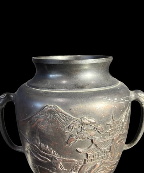 銅製 薄端 双耳 花瓶 山水風景図 花入れ 花器 工芸品 陶器 インテリア 骨董品 アンティーク