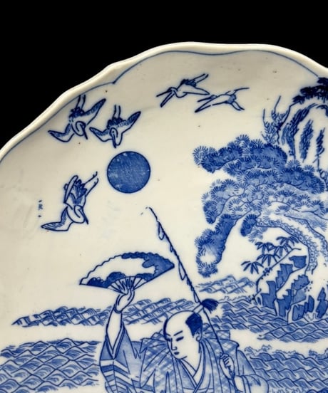 【2枚セット】 明治後期 銅版 染付 浦島太郎 輪花皿 印判 時代物 陶器 骨董品 アンティーク