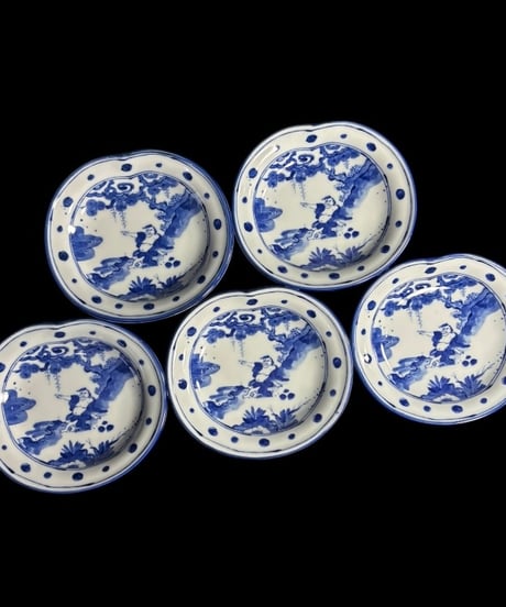 【5客セット】 美濃焼 翔山窯 染付 小皿 羅漢図 銘々皿 丸皿 和食器 陶器 古伊万里 時代物 骨董品 アンティーク