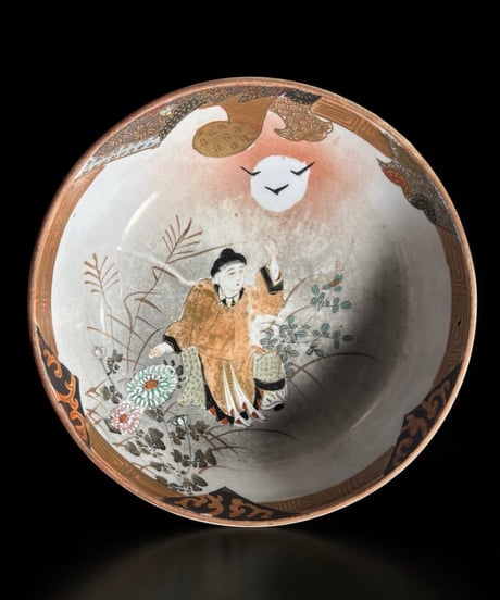 明治時代 九谷製 菊人物草花文図 金彩 色絵 丸皿 九谷焼 盛り皿 飾皿 古美術 和食器 骨董品 アンティーク