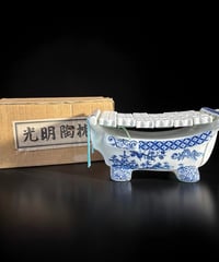 公明陶沈 染付 風景文図 白磁 健康 陶器 伝統 古美術 工芸品 オブジェ 骨董品 アンティーク