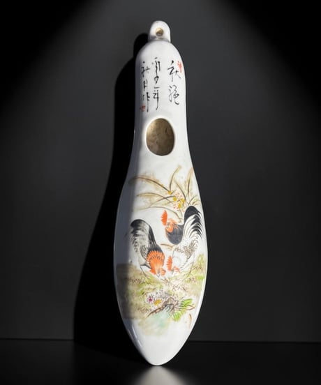 時代物 中国陶器 一輪挿し 鶏 壁掛け 中国雑貨 にわとり 花瓶 フラワーベース 色絵 陶磁器 骨董品 アンティーク