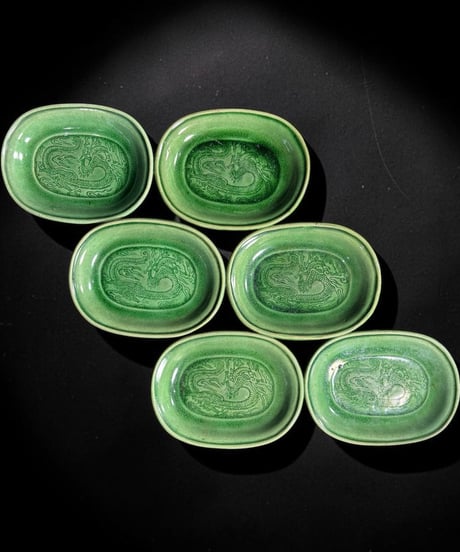 【6枚セット】 江戸末期 珉平焼 緑釉 小判形小皿 手塩皿 龍文図 小皿 豆皿 明治 陶磁器 骨董品 アンティーク