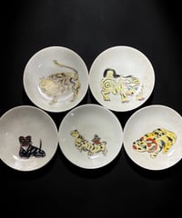 【5客セット】 時代物 虎 絵皿 手描き 寅 小皿 丸皿 飾皿 招福 作家物 古美術 和食器 骨董品 アンティーク