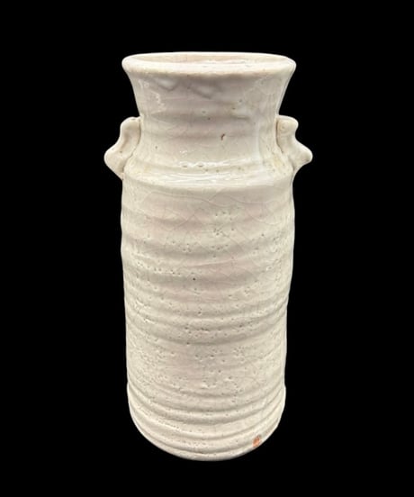 荻焼 白釉 耳付花瓶 丸形 フラワーベース 花入れ 白荻 貫入 花器 陶器 時代物 インテリア 骨董品 アンティーク