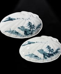 【2客セット】 古伊万里 染付 貝型皿 山水風景図 貝殻 小皿 銘々皿 和食器 陶器 時代物 骨董品 アンティーク