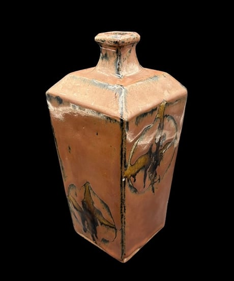 柿釉丸紋角瓶 花瓶 フラワーベース 花入れ 花器 陶器 時代物 インテリア 骨董品 アンティーク