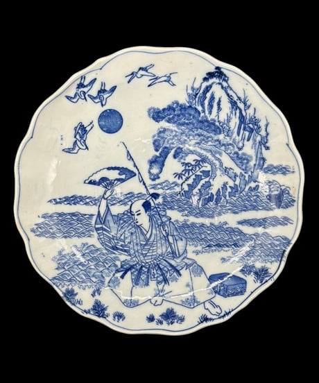 【2枚セット】 明治後期 銅版 染付 浦島太郎 輪花皿 印判 時代物 陶器 骨董品 アンティーク