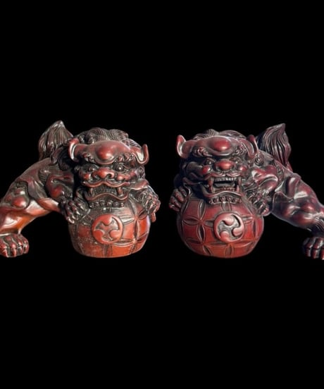 玉獅子 阿吽 玉乗り レッド 狛犬 魔除け 置物 コレクション オブジェ 古美術 骨董品 アンティーク