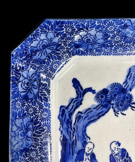 明治期 古伊万里 印判手 八角皿 牡丹 唐子風景図 染付 絵皿 角皿 飾皿 伊万里 時代物 和食器 骨董品 アンティーク