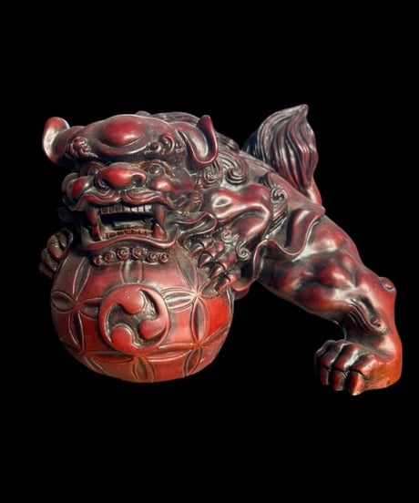 玉獅子 阿吽 玉乗り レッド 狛犬 魔除け 置物 コレクション オブジェ 古美術 骨董品 アンティーク
