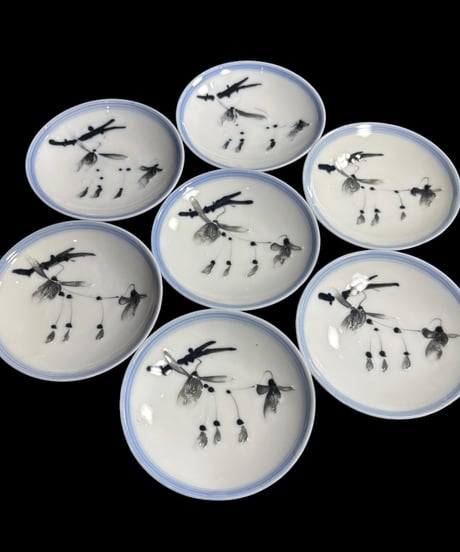 【7客セット】 蔵出し 古伊万里 染付 小皿 柘榴 岐211 丸皿 和食器 陶器 時代物 骨董品 アンティーク
