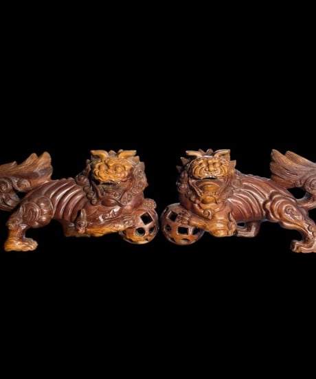木彫 唐獅子 阿吽 玉乗り 獅子舞 魔除け 置物 コレクション オブジェ 古美術 骨董品 アンティーク
