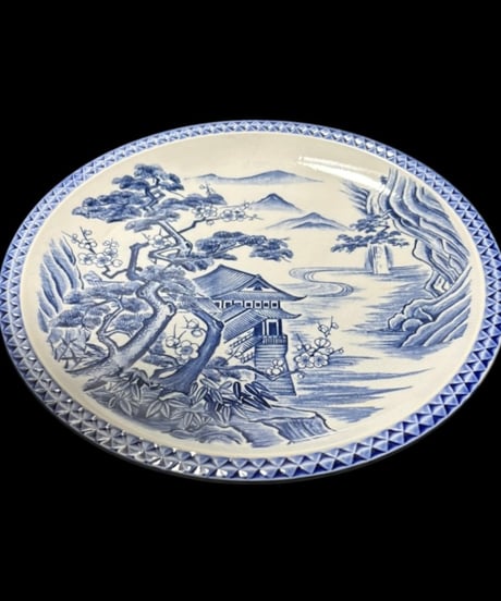 古伊万里 染付 絵皿 松竹梅山水風景図 大皿 青白磁 丸皿 プレート 盛り皿 飾皿 和食器 骨董品 アンティーク