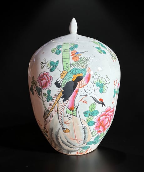 中国磁器 色絵 蓋付き壺 雉草花文図 民国 花瓶 花入れ 鶴 牡丹 花器 丸壺 ジャー 陶器 中国 古美術 骨董品 アンティーク