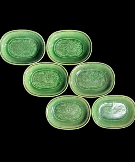 【6枚セット】 江戸末期 珉平焼 緑釉 小判形小皿 手塩皿 龍文図 小皿 豆皿 明治 陶磁器 骨董品 アンティーク