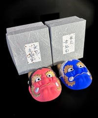 【2個セット】 伏見人形 窯元 赤鬼 青鬼 郷土人形 縁起物 鬼面 土人形 置物 オブジェ 壁掛け インテリア 骨董品 アンティーク