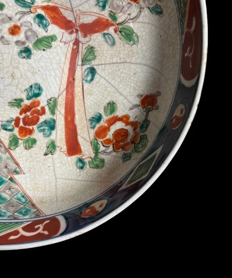 江戸後期 古伊万里 大鉢 兎蝶草花文図 染錦 色絵 鉢 貫入 取り皿 飾り皿 陶器 時代物 骨董品 アンティーク