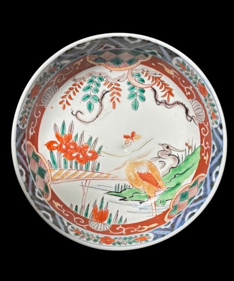 江戸期 古伊万里 色絵 大鉢 鳥蝶草花文図 金継ぎ 染錦 鉢 飾皿 和食器 陶器 時代物 骨董品 アンティーク