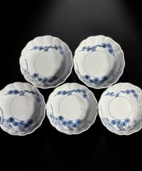 【5客セット】 江戸期 古伊万里 輪花 染付 なます皿 松竹梅図 丸皿 和食器 陶器 時代物 骨董品 アンティーク
