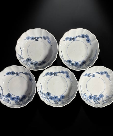 【5客セット】 江戸期 古伊万里 輪花 染付 なます皿 松竹梅図 丸皿 和食器 陶器 時代物 骨董品 アンティーク