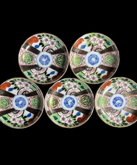 【5客セット】 明治期 古伊万里 金彩 色絵 松竹梅 小皿 染錦 丸皿 和食器 陶器 時代物 骨董品 アンティーク