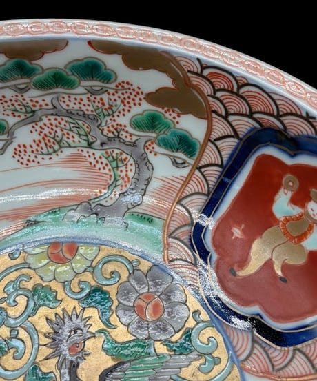 江戸後期 古伊万里 錦手金彩大鉢 鳳凰 唐子 松竹梅草花文図 窓絵 色絵 鉢 取り皿 飾り皿 陶器 時代物 骨董品 アンティーク