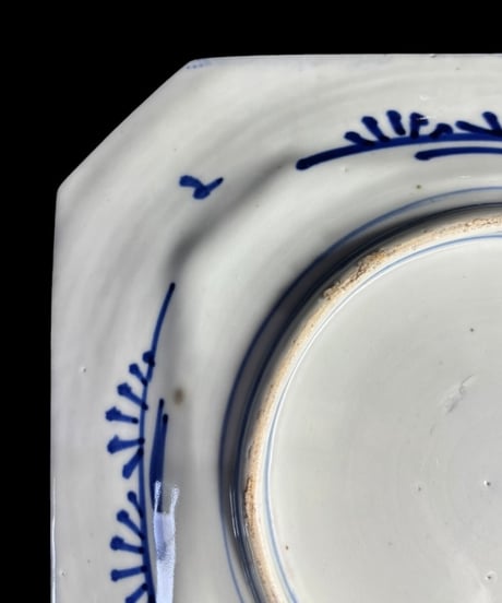 明治期 古伊万里 印判 八角皿 獅子梅鳥文図 染付 絵皿 角皿 飾皿 伊万里 時代物 和食器 骨董品 アンティーク