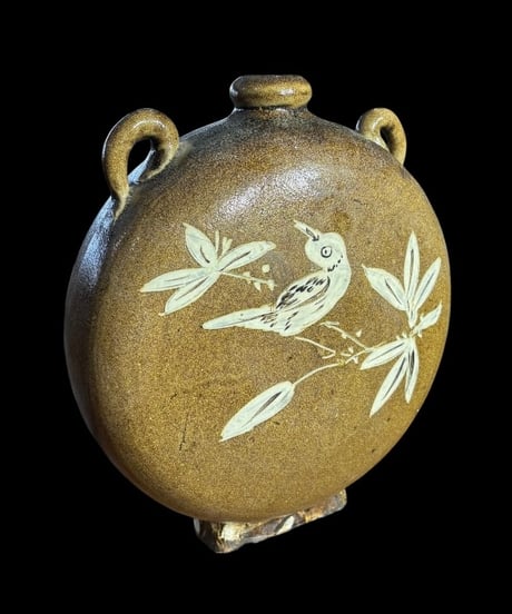 中国美術 扁壺 鳥 文字 一輪挿し 壺 中国雑貨 花瓶 花入れ 丸壺 花器 陶器 中国 古美術 時代物 骨董品 アンティーク