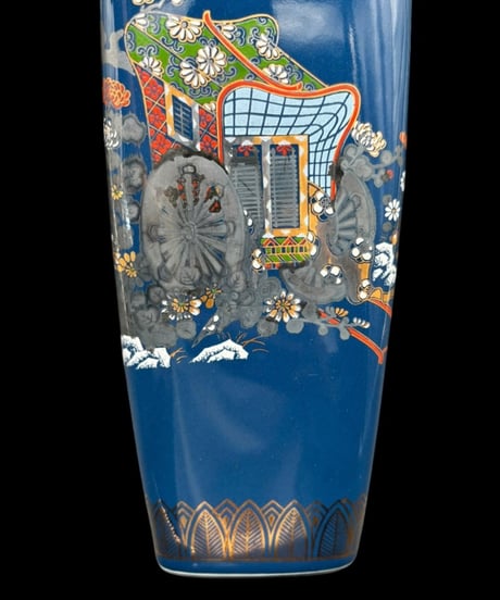 九谷焼 花瓶 御所車 梅 草花 四角 フラワーベース 花入れ 花器 陶器 インテリア 骨董品 アンティーク