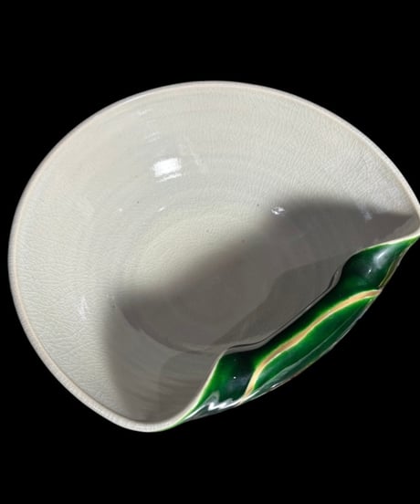九谷 政山 緑釉 変形鉢 在銘 変形皿 九谷焼 ボウル 飾皿 古美術 和食器 骨董品 アンティーク