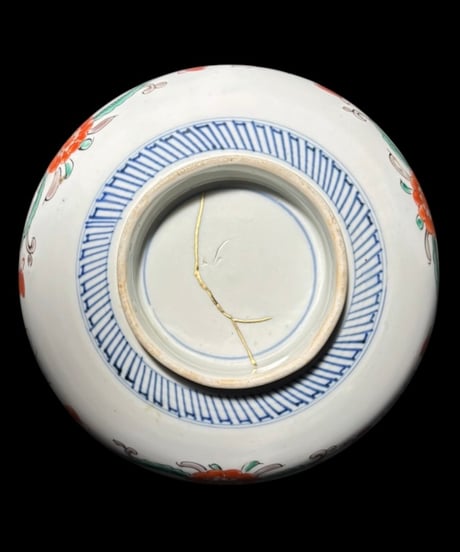 江戸期 古伊万里 色絵 大鉢 鳥蝶草花文図 金継ぎ 染錦 鉢 飾皿 和食器 陶器 時代物 骨董品 アンティーク