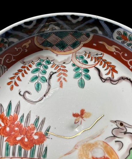 江戸期 古伊万里 色絵 大鉢 鳥蝶草花文図 金継ぎ 染錦 鉢 飾皿 和食器 陶器 時代物 骨董品 アンティーク