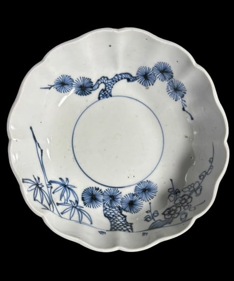 【5客セット】 江戸期 古伊万里 輪花 染付 なます皿 松竹梅図 丸皿 和食器 陶器 時代物 骨董品 アンティーク