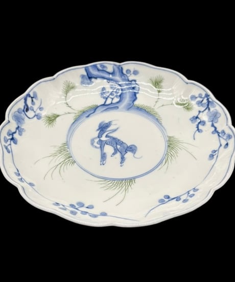 【2枚セット】 明治期 古伊万里 染付 梅 麒麟 大皿 伊万里 時代物 陶器 骨董品 アンティーク