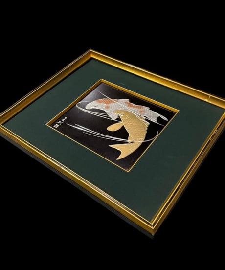 双鯉 額装 鯉 沈金 壁掛 絵画 アート 雑貨 家内安全 縁起物 記念品 インテリア アンティーク コレクション