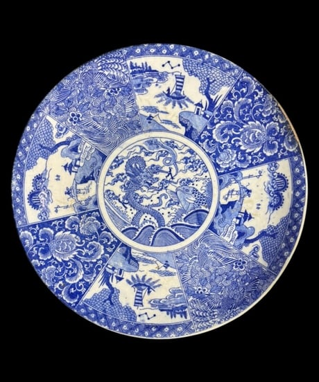 明治期 古伊万里 印判皿 染付 龍鯛風景草花文図 丸皿 大皿 飾皿 時代物 骨董品 アンティーク