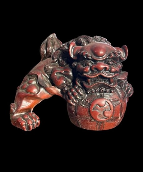 玉獅子 阿吽 玉乗り レッド 狛犬 魔除け 置物 コレクション オブジェ 古美術 骨董品 アンティーク