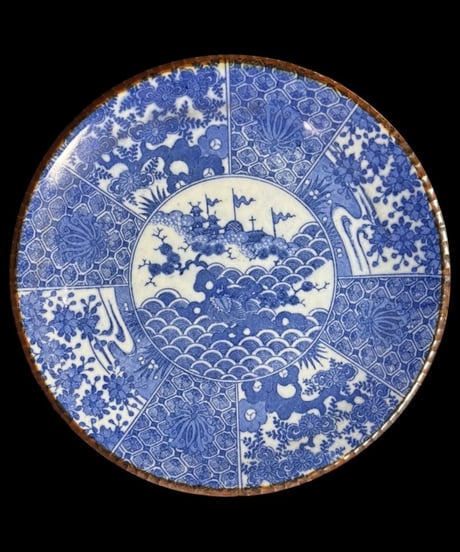 明治-大正 古伊万里 印判皿 染付 風景草花文図 イゲ皿 丸皿 平皿 飾皿 時代物 骨董品 アンティーク