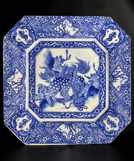 明治期 古伊万里 印判 八角皿 獅子梅鳥文図 染付 絵皿 角皿 飾皿 伊万里 時代物 和食器 骨董品 アンティーク