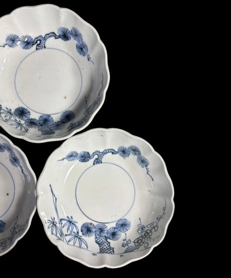 【5客セット】 江戸期 古伊万里 輪花 染付 なます皿 松竹梅図 丸皿 和食器 陶器 時代物 骨董品 アンティーク