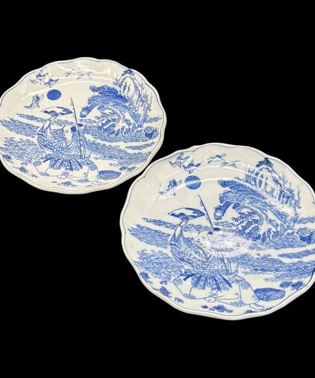 【2枚セット】 明治後期 銅版 染付 浦島太郎 輪花皿 印判 時代物 陶器 骨董品 アンティーク