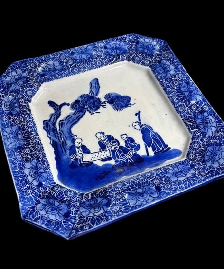 明治期 古伊万里 印判手 八角皿 牡丹 唐子風景図 染付 絵皿 角皿 飾皿 伊万里 時代物 和食器 骨董品 アンティーク