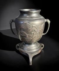 銅製 薄端 双耳 花瓶 山水風景図 花入れ 花器 工芸品 陶器 インテリア 骨董品 アンティーク