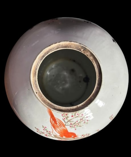 中国磁器 色絵 蓋付き壺 梅鳥草花文図 民国 花瓶 花入れ 鴛鴦 牡丹 花器 丸壺 ジャー 陶器 中国 古美術 骨董品 アンティーク